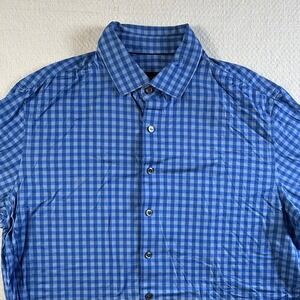 Bugatchi Button Down Shirt OoohCotton Tech 8-Way Stretch Mens‎ XL Gingham Blue